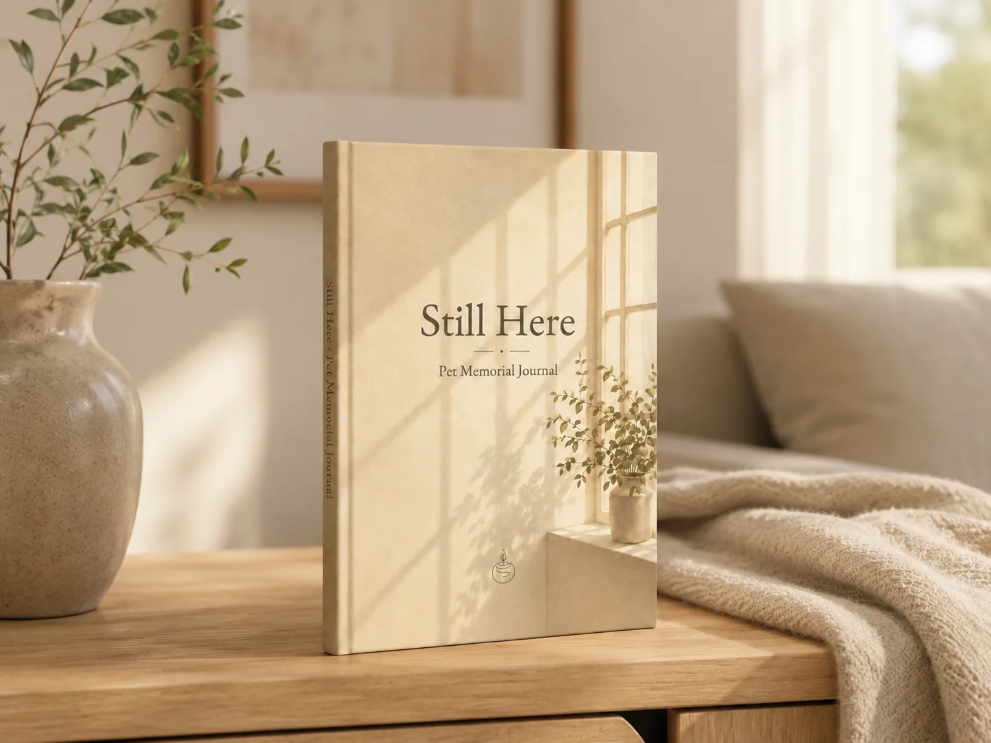 Still Here: A Pet Memorial Journal, a tan linen hardcover standing in warm window light